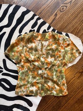 Vintage Watercolor Button-Front Blouse in Orange, Green & Cream